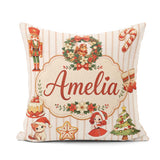 Custom Name Nutcracker Wreath Cake Girl Christmas Tree on Stripe Square Filled Cushion Throw Pillow Sofa Bed Home Decor Zip Washable UK Made