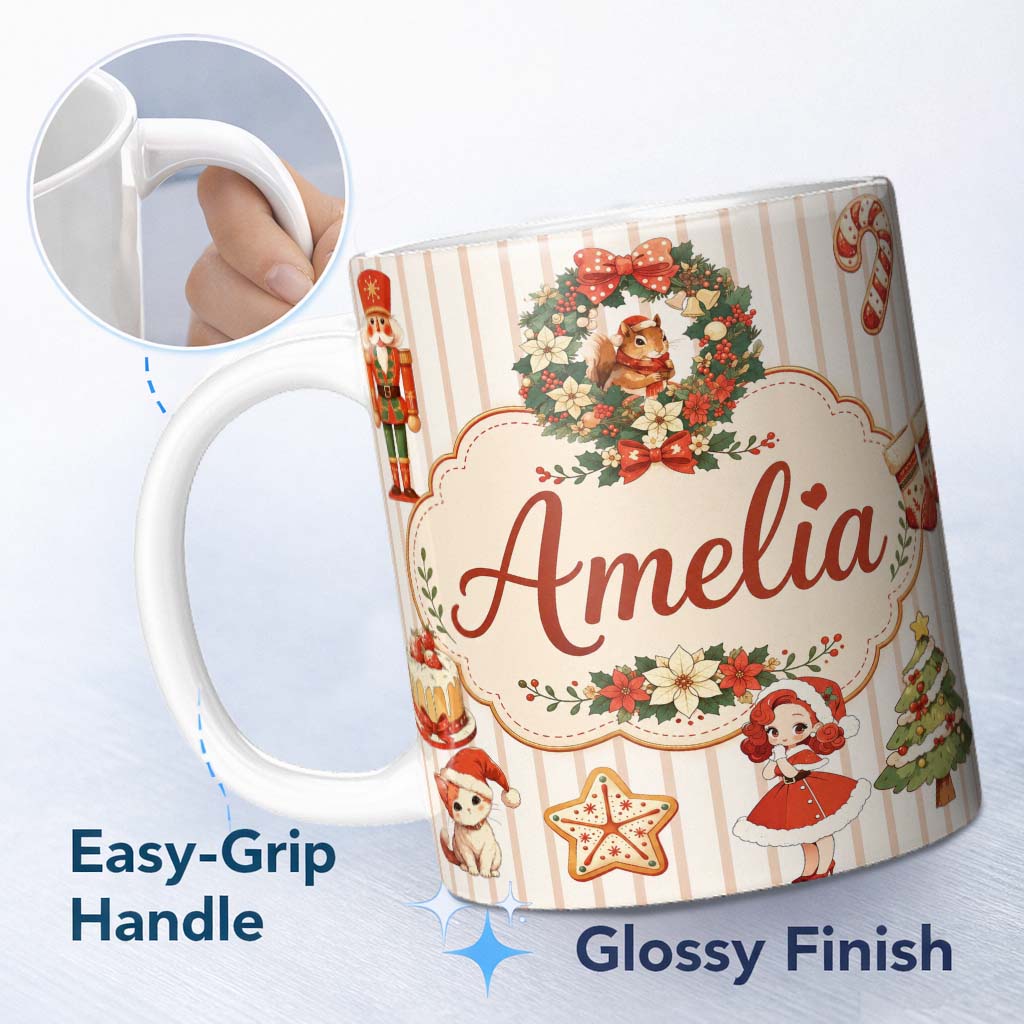 Personalized Custom Name Nutcracker Wreath Cake Girl Christmas Tree on Beige Stripe 11oz Ceramic Coffee Tea Mug White Large Handle