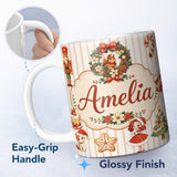 Personalized Custom Name Nutcracker Wreath Cake Girl Christmas Tree on Beige Stripe 11oz Ceramic Coffee Tea Mug White Large Handle
