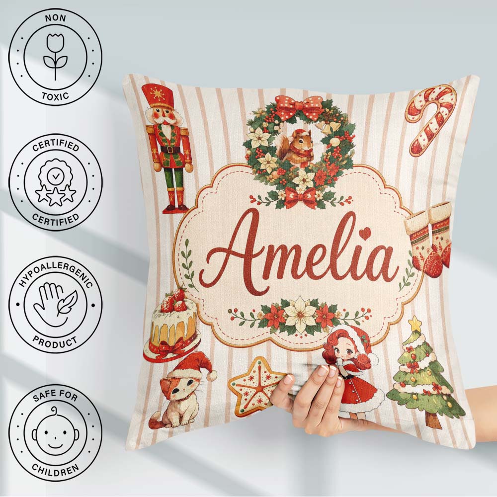 Custom Name Nutcracker Wreath Cake Girl Christmas Tree on Stripe Square Filled Cushion Throw Pillow Sofa Bed Home Decor Zip Washable UK Made