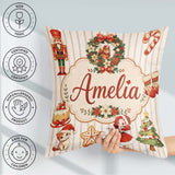 Custom Name Nutcracker Wreath Cake Girl Christmas Tree on Stripe Square Filled Cushion Throw Pillow Sofa Bed Home Decor Zip Washable UK Made
