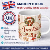 Personalized Custom Name Nutcracker Wreath Cake Girl Christmas Tree on Beige Stripe 11oz Ceramic Coffee Tea Mug White Large Handle