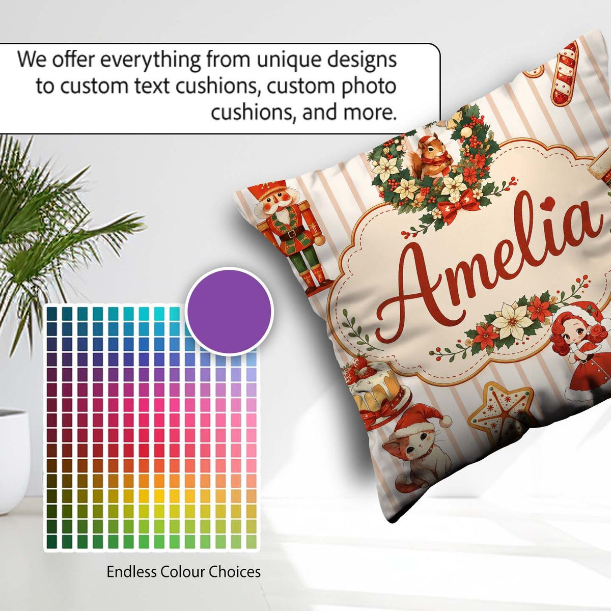 Custom Name Nutcracker Wreath Cake Girl Christmas Tree on Stripe Square Filled Cushion Throw Pillow Sofa Bed Home Decor Zip Washable UK Made