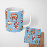 Personalized Custom Name Nutcracker Wreath Cake Girl on Blue Background with Snow Dots 11oz Ceramic Coffee Tea Mug White Large Handle