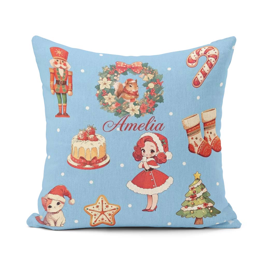 Custom Name Nutcracker Wreath Cake Girl on Blue with Snow Dots Square Filled Cushion Throw Pillow Sofa Bed Home Decor Zip Washable UK Made