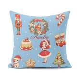 Custom Name Nutcracker Wreath Cake Girl on Blue with Snow Dots Square Filled Cushion Throw Pillow Sofa Bed Home Decor Zip Washable UK Made