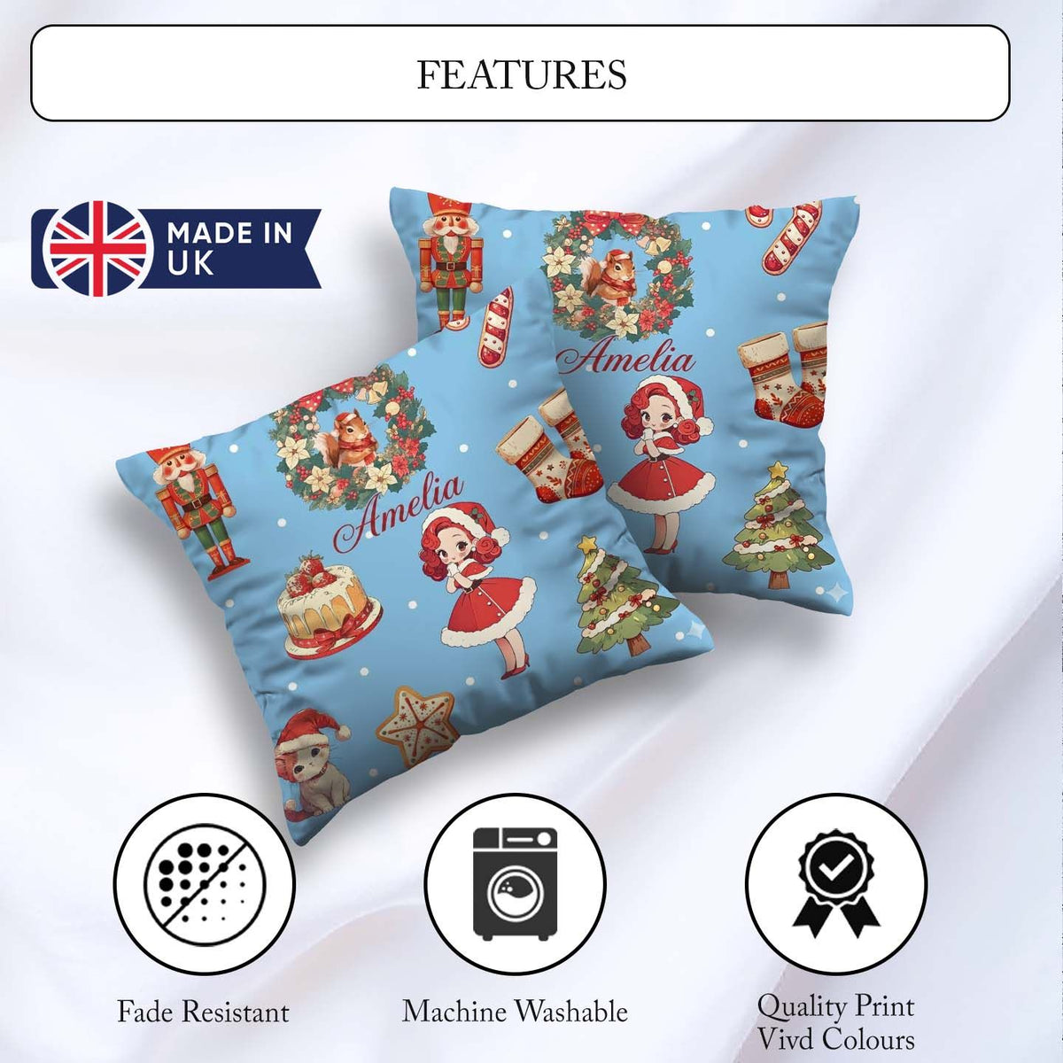 Custom Name Nutcracker Wreath Cake Girl on Blue with Snow Dots Square Filled Cushion Throw Pillow Sofa Bed Home Decor Zip Washable UK Made
