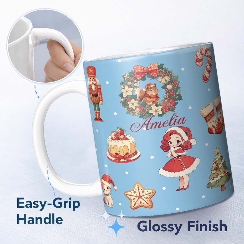 Personalized Custom Name Nutcracker Wreath Cake Girl on Blue Background with Snow Dots 11oz Ceramic Coffee Tea Mug White Large Handle