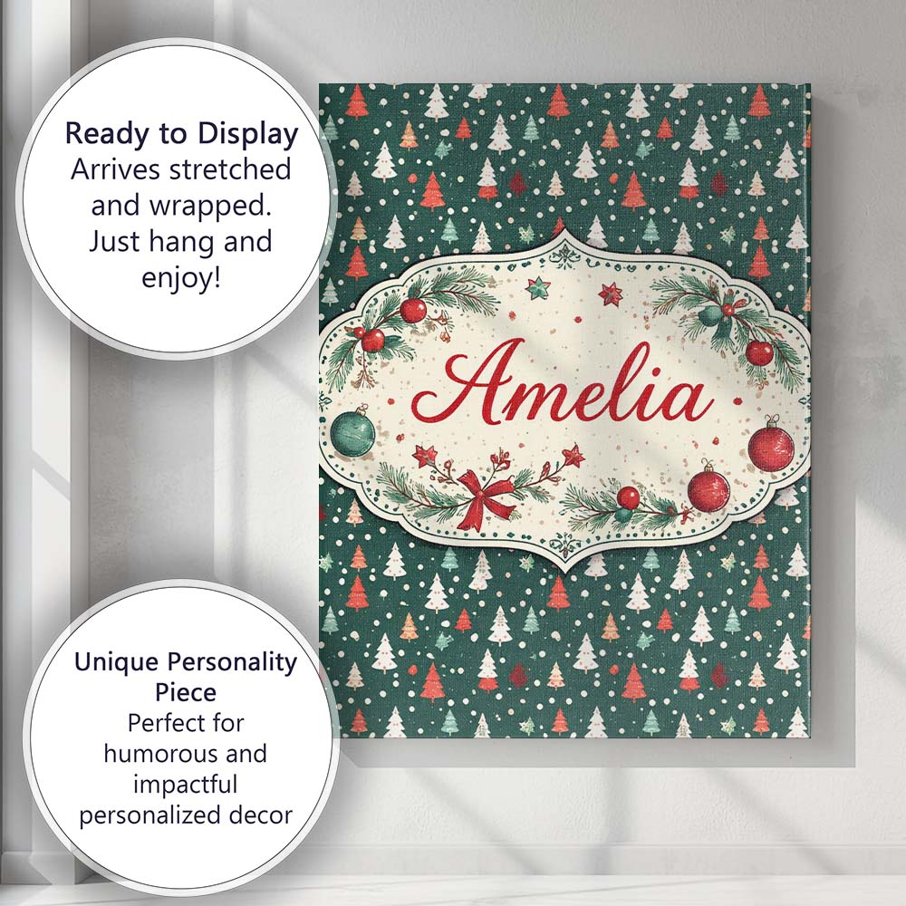 Personalised Name Minimal Christmas Trees Polka Dot Green Seamless Custom  Unique Canvas Wall Art Print Decor Picture Ready to Hang