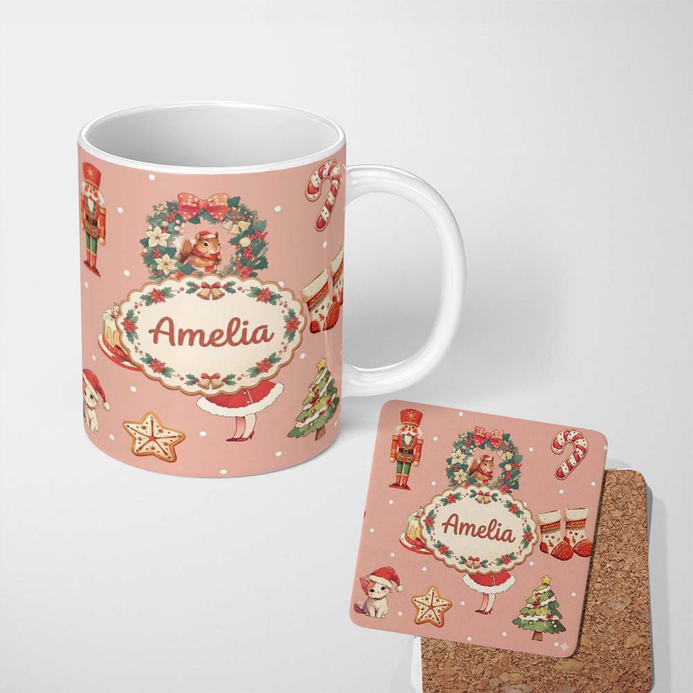 Personalized Custom Name Nutcracker Wreath Cake Girl on Peach Background with Snow Dots 11oz Ceramic Coffee Tea Mug White Large Handle