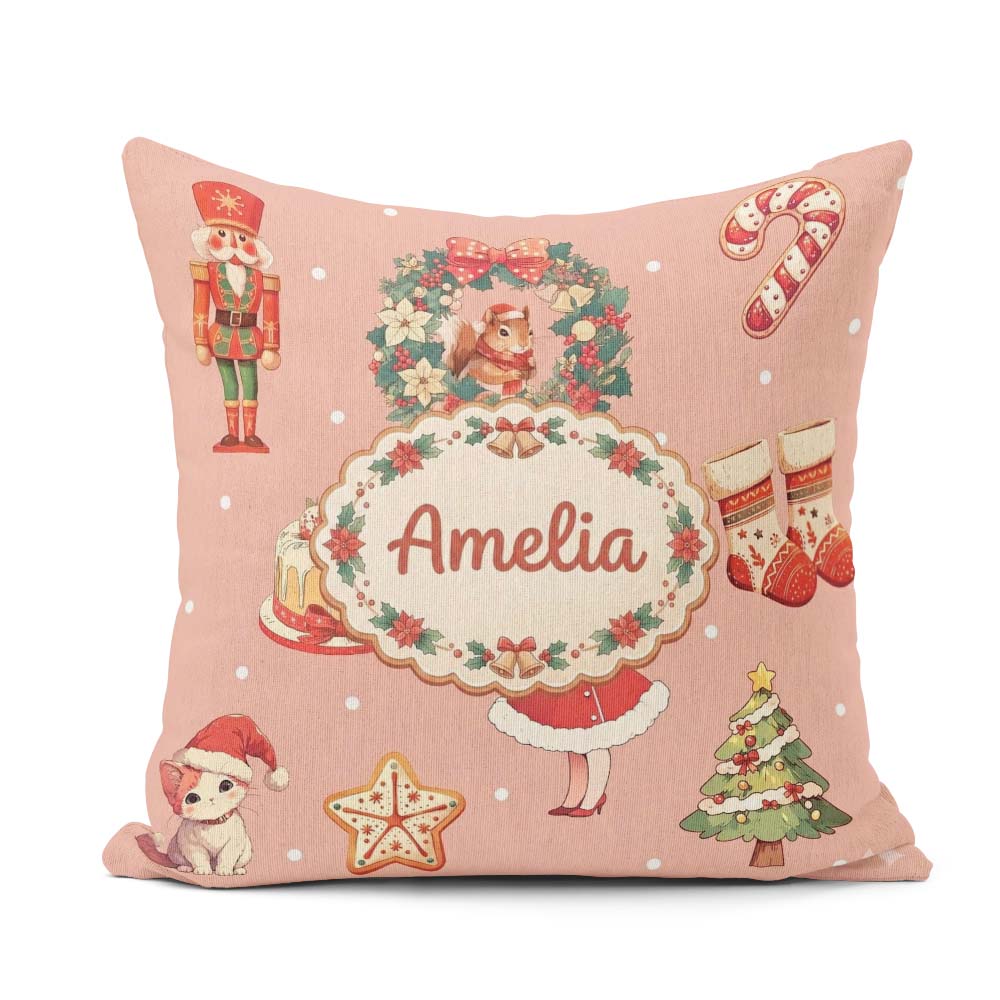 Custom Name Nutcracker Wreath Cake Girl on Peach with Snow Dots Square Filled Cushion Throw Pillow Sofa Bed Home Decor Zip Washable UK Made