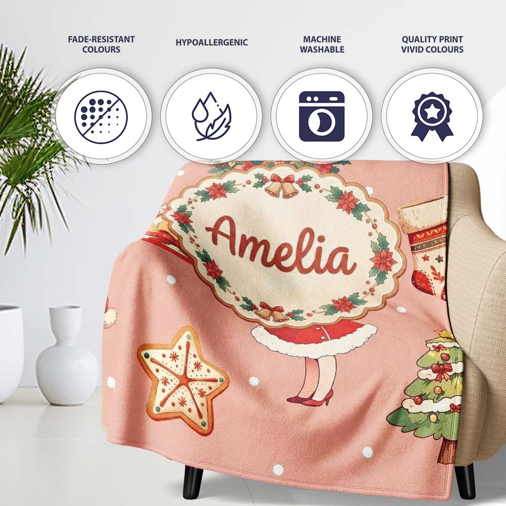Nutcracker Wreath Cake Girl on Peach Background with Snow Dots  Personalised Custom Name Super Soft Fleece Blanket Bed Sofa Throw