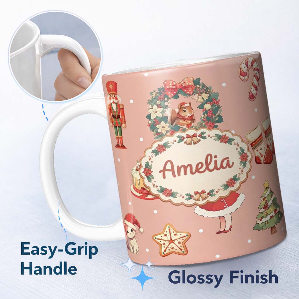 Personalized Custom Name Nutcracker Wreath Cake Girl on Peach Background with Snow Dots 11oz Ceramic Coffee Tea Mug White Large Handle