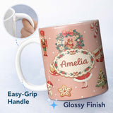 Personalized Custom Name Nutcracker Wreath Cake Girl on Peach Background with Snow Dots 11oz Ceramic Coffee Tea Mug White Large Handle