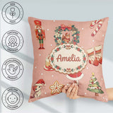 Custom Name Nutcracker Wreath Cake Girl on Peach with Snow Dots Square Filled Cushion Throw Pillow Sofa Bed Home Decor Zip Washable UK Made