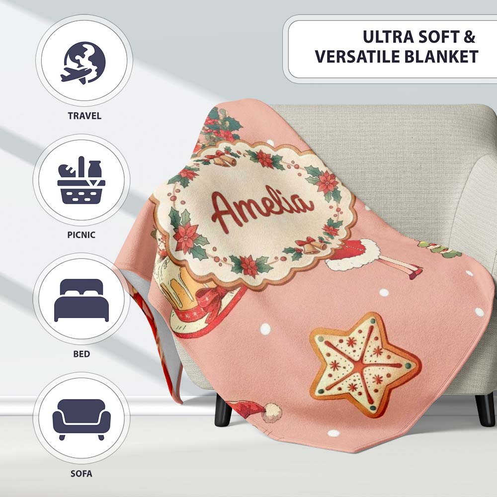 Nutcracker Wreath Cake Girl on Peach Background with Snow Dots  Personalised Custom Name Super Soft Fleece Blanket Bed Sofa Throw