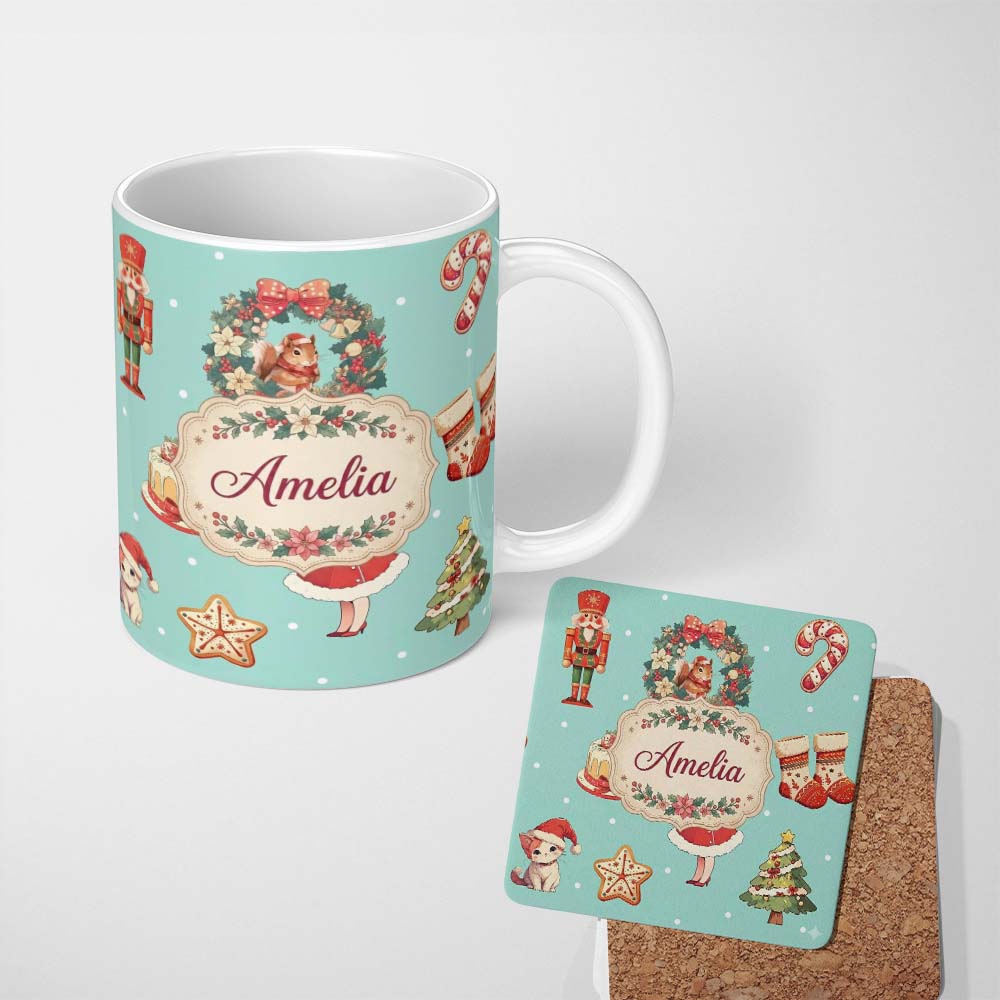 Personalized Custom Name Nutcracker Wreath Cake Girl on Mint Background with Snow Dots 11oz Ceramic Coffee Tea Mug White Large Handle