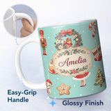 Personalized Custom Name Nutcracker Wreath Cake Girl on Mint Background with Snow Dots 11oz Ceramic Coffee Tea Mug White Large Handle