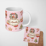 Personalized Custom Name Nutcracker Wreath Cake Girl on Soft Pink Background with Snow Dots 11oz Ceramic Coffee Tea Mug White Large Handle