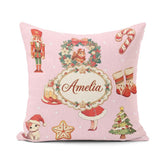 Custom Name Nutcracker Wreath Cake Girl Soft Pink with Snow Dots Square Filled Cushion Throw Pillow Sofa Bed Home Decor Zip Washable UK Made
