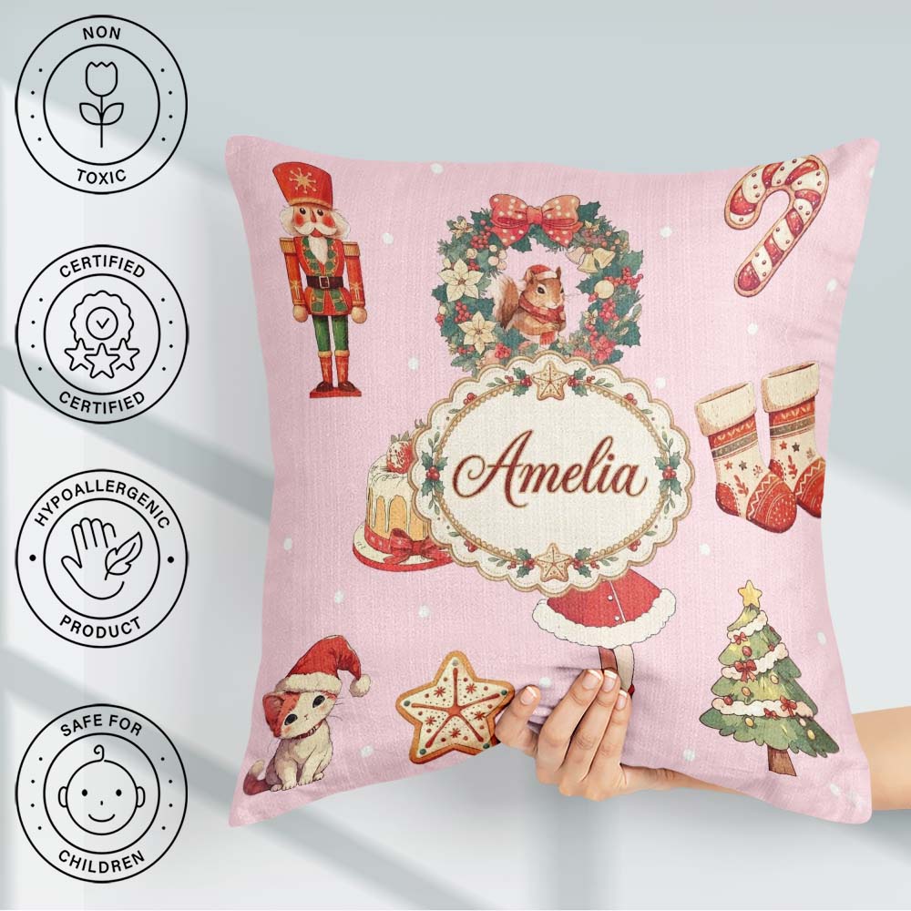 Custom Name Nutcracker Wreath Cake Girl Soft Pink with Snow Dots Square Filled Cushion Throw Pillow Sofa Bed Home Decor Zip Washable UK Made