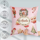 Custom Name Nutcracker Wreath Cake Girl Soft Pink with Snow Dots Square Filled Cushion Throw Pillow Sofa Bed Home Decor Zip Washable UK Made