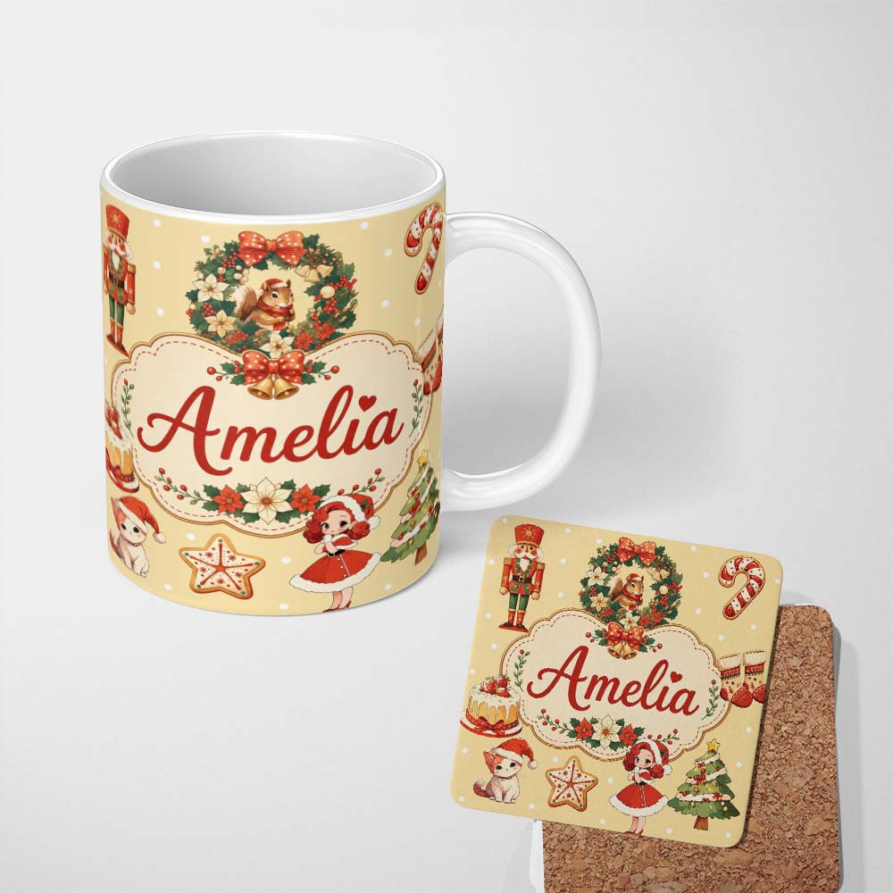 Personalized Custom Name Nutcracker Wreath Cake Girl on Warm Yellow Background with Snow 11oz Ceramic Coffee Tea Mug White Large Handle