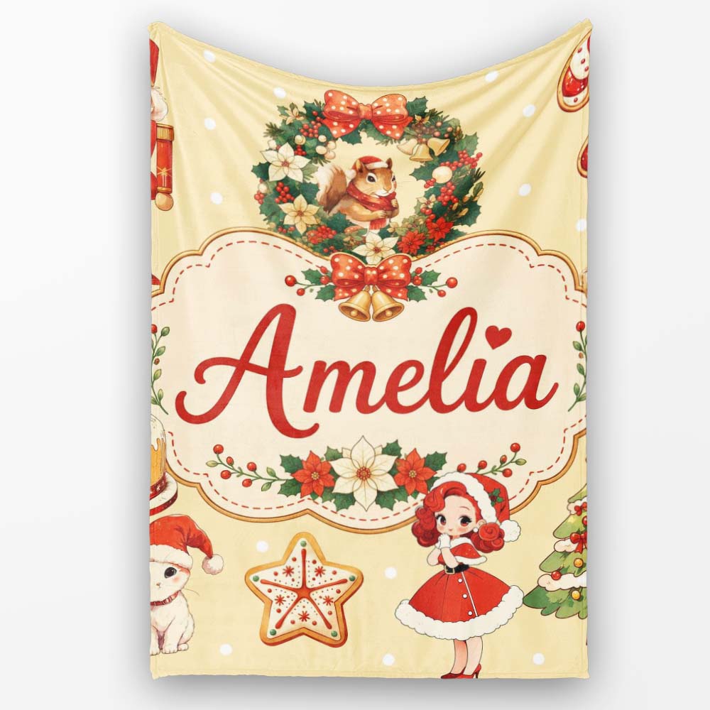 Nutcracker Wreath Cake Girl on Warm Yellow Background with Snow  Personalised Custom Name Super Soft Fleece Blanket Bed Sofa Throw