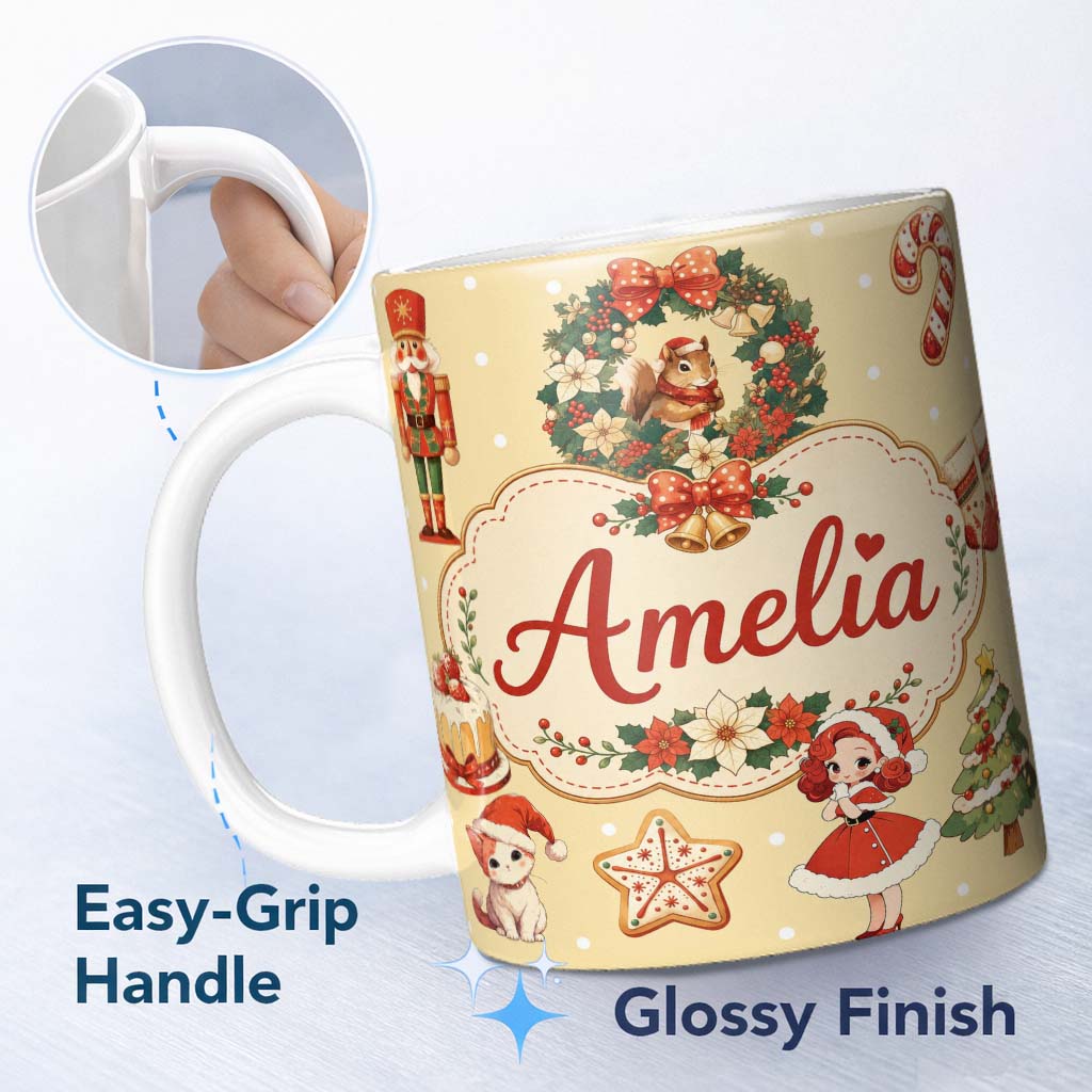 Personalized Custom Name Nutcracker Wreath Cake Girl on Warm Yellow Background with Snow 11oz Ceramic Coffee Tea Mug White Large Handle