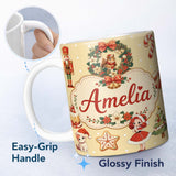 Personalized Custom Name Nutcracker Wreath Cake Girl on Warm Yellow Background with Snow 11oz Ceramic Coffee Tea Mug White Large Handle