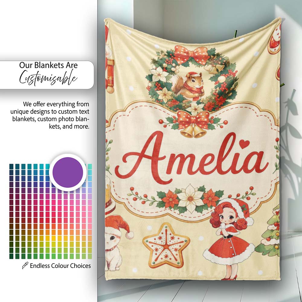 Nutcracker Wreath Cake Girl on Warm Yellow Background with Snow  Personalised Custom Name Super Soft Fleece Blanket Bed Sofa Throw