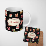 Personalized Custom Name Christmas Gnome Reindeer Snowman Gift Candy Cane on Black 11oz Ceramic Coffee Tea Mug White Large Handle