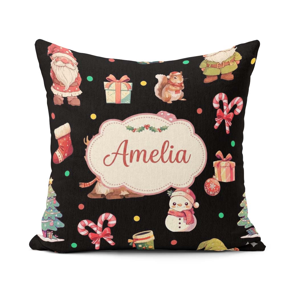 Custom Name Christmas Gnome Reindeer Snowman Candy Cane on Black Square Filled Cushion Throw Pillow Sofa Bed Home Decor Zip Washable UK Made