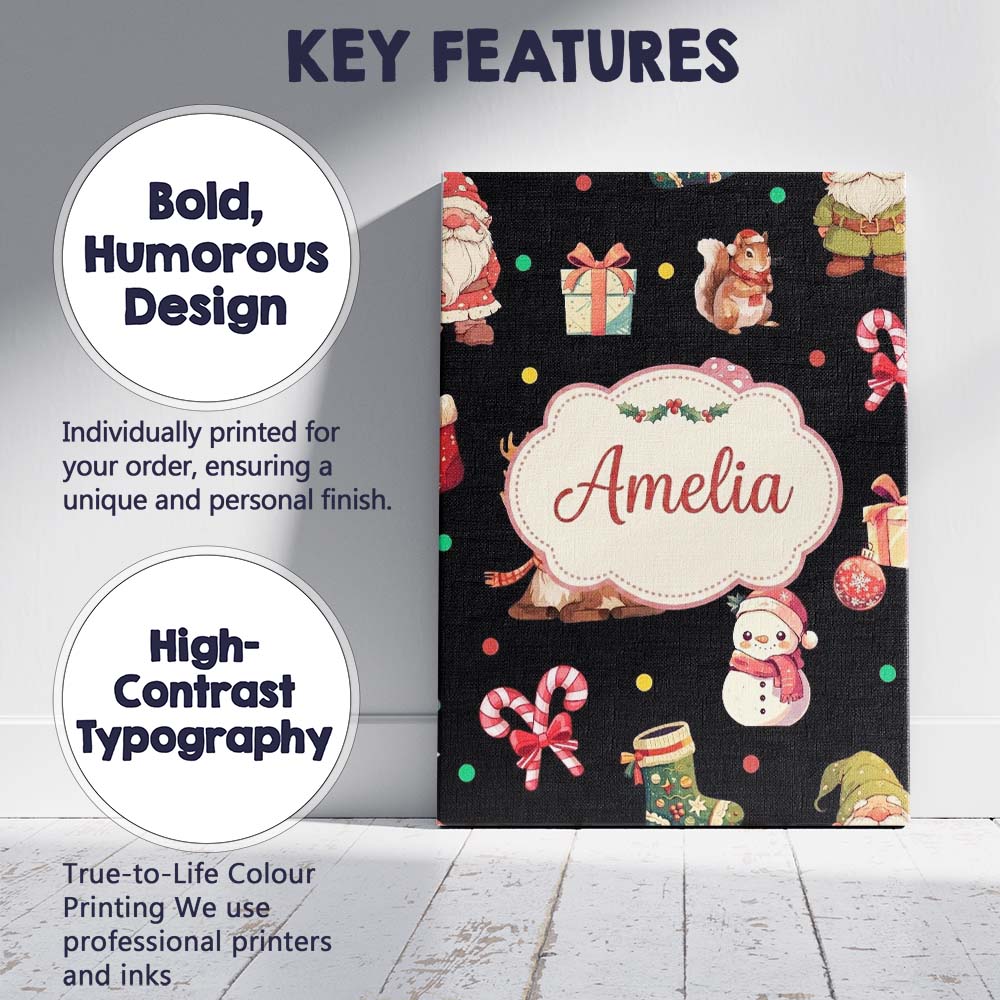 Personalised Name Christmas Gnome Reindeer Custom  Unique Gift Idea Elegant Feature Canvas Wall Art Print Decor Picture Ready to Hang