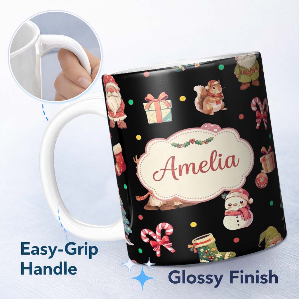 Personalized Custom Name Christmas Gnome Reindeer Snowman Gift Candy Cane on Black 11oz Ceramic Coffee Tea Mug White Large Handle