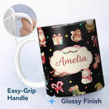Personalized Custom Name Christmas Gnome Reindeer Snowman Gift Candy Cane on Black 11oz Ceramic Coffee Tea Mug White Large Handle