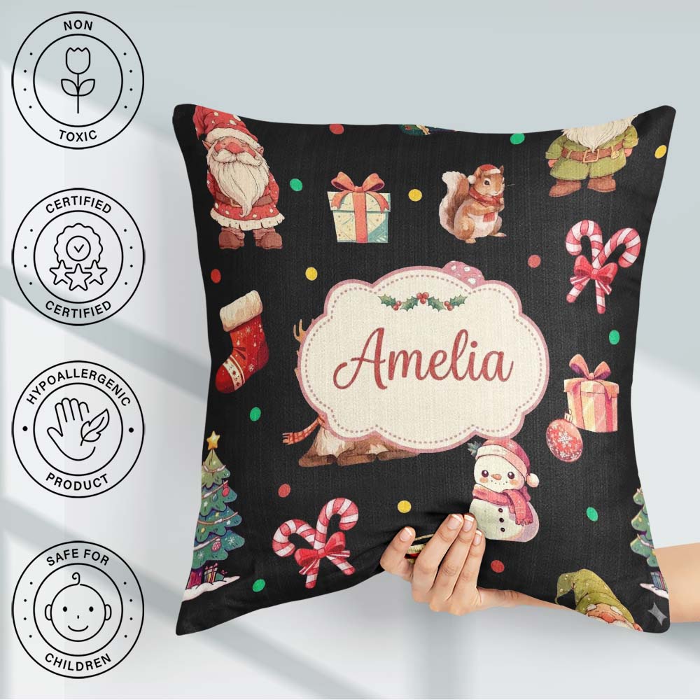Custom Name Christmas Gnome Reindeer Snowman Candy Cane on Black Square Filled Cushion Throw Pillow Sofa Bed Home Decor Zip Washable UK Made