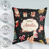 Custom Name Christmas Gnome Reindeer Snowman Candy Cane on Black Square Filled Cushion Throw Pillow Sofa Bed Home Decor Zip Washable UK Made