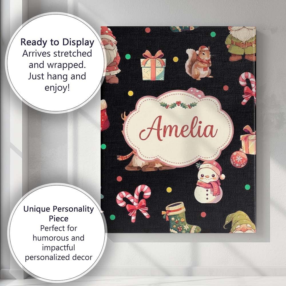 Personalised Name Christmas Gnome Reindeer Custom  Unique Gift Idea Elegant Feature Canvas Wall Art Print Decor Picture Ready to Hang