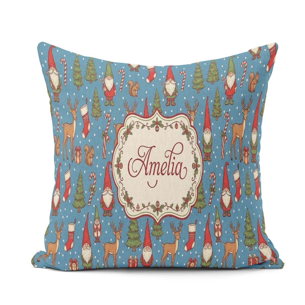 Custom Name Christmas Gnome Reindeer on Blue Snow Dot Background Square Filled Cushion Throw Pillow Sofa Bed Home Decor Zip Washable UK Made