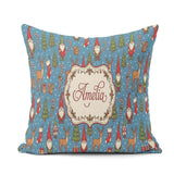 Custom Name Christmas Gnome Reindeer on Blue Snow Dot Background Square Filled Cushion Throw Pillow Sofa Bed Home Decor Zip Washable UK Made