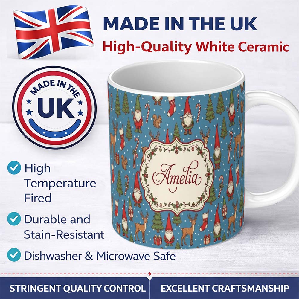 Personalized Custom Name Christmas Gnome Reindeer Snowman Gift on Blue Snow Dot Background 11oz Ceramic Coffee Tea Mug White Large Handle
