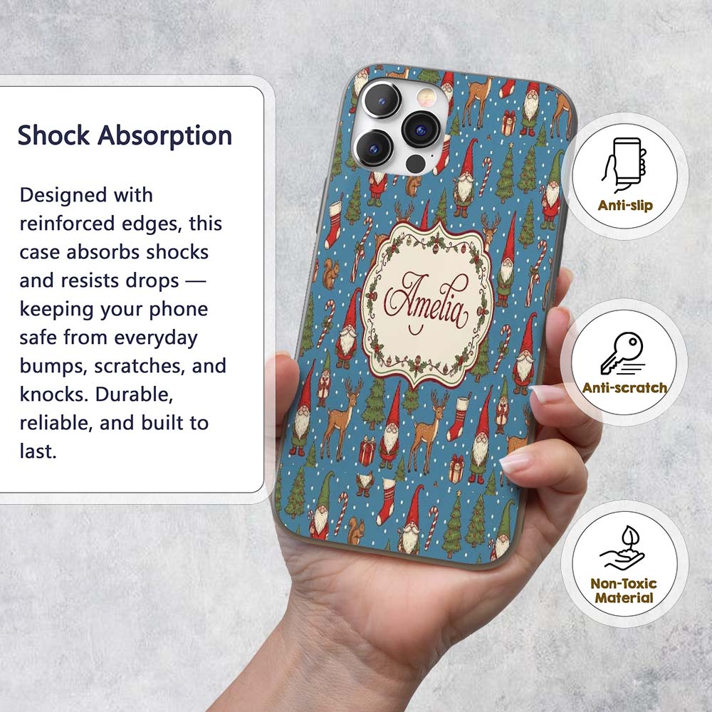 Christmas Gnome Reindeer Snowman Gift on Blue Custom Name Protective Phone Case Mobile Cover Durable Everyday Smartphone Shock Resistant