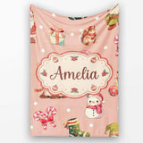 Christmas Gnome Reindeer Snowman Gift on Peach Snow Dot Background  Personalised Custom Name Super Soft Fleece Blanket Bed Sofa Throw