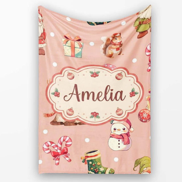 Christmas Gnome Reindeer Snowman Gift on Peach Snow Dot Background  Personalised Custom Name Super Soft Fleece Blanket Bed Sofa Throw