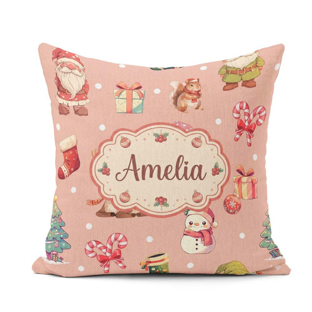 Custom Name Christmas Gnome Snowman on Peach Snow Dot Background Square Filled Cushion Throw Pillow Sofa Bed Home Decor Zip Washable UK Made