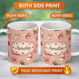 Personalized Custom Name Christmas Gnome Reindeer Snowman Gift on Peach Snow Dot Background 11oz Ceramic Coffee Tea Mug White Large Handle