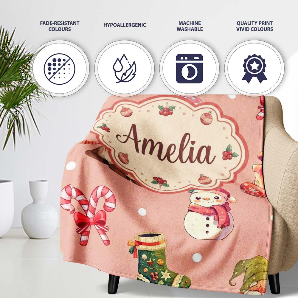 Christmas Gnome Reindeer Snowman Gift on Peach Snow Dot Background  Personalised Custom Name Super Soft Fleece Blanket Bed Sofa Throw