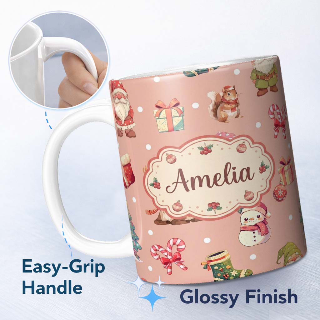 Personalized Custom Name Christmas Gnome Reindeer Snowman Gift on Peach Snow Dot Background 11oz Ceramic Coffee Tea Mug White Large Handle