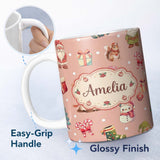 Personalized Custom Name Christmas Gnome Reindeer Snowman Gift on Peach Snow Dot Background 11oz Ceramic Coffee Tea Mug White Large Handle
